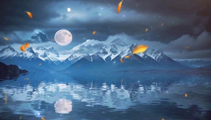 湖水上的月亮繁星倒影