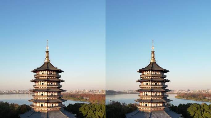 杭州西湖雷峰塔航拍雷锋夕照