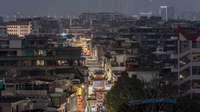 广东潮州古城牌坊街傍晚高视角夜景全景延时