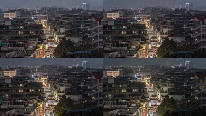 广东潮州古城牌坊街傍晚高视角夜景全景延时