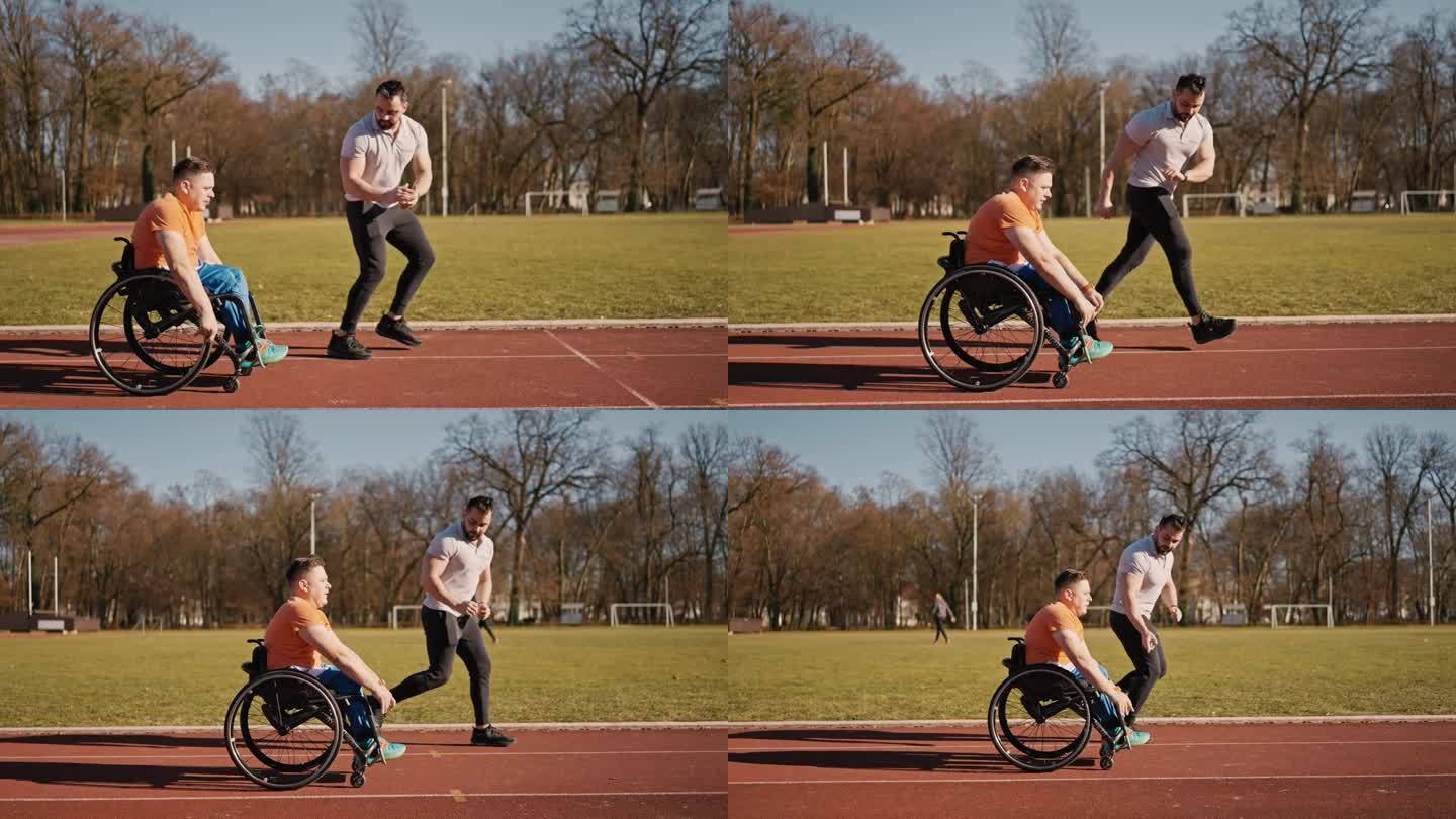 个人教练在训练过程中检查智能手表并激励成年自适应运动员在赛道上骑轮椅的侧视图跟踪镜头