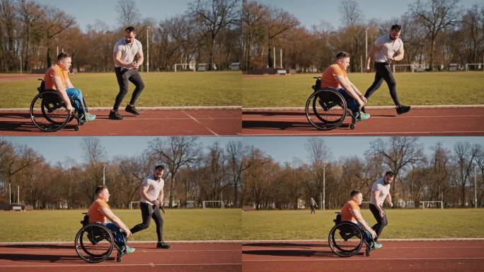 个人教练在训练过程中检查智能手表并激励成年自适应运动员在赛道上骑轮椅的侧视图跟踪镜头