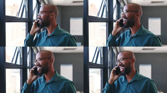 快乐的黑人，打电话，讨论有趣的笑话，表情包或在办公室的窗口聊天。非洲男性或自由职业者享受有趣的谈话或
