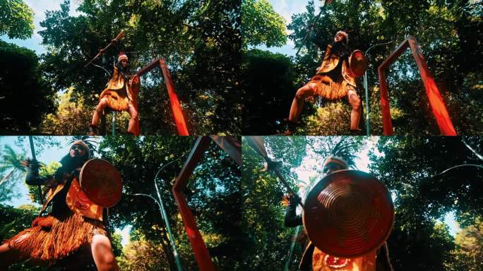 穿着部落服装的人手持盾牌，站在茂密的森林里，唤起一种古代战士精神的感觉。