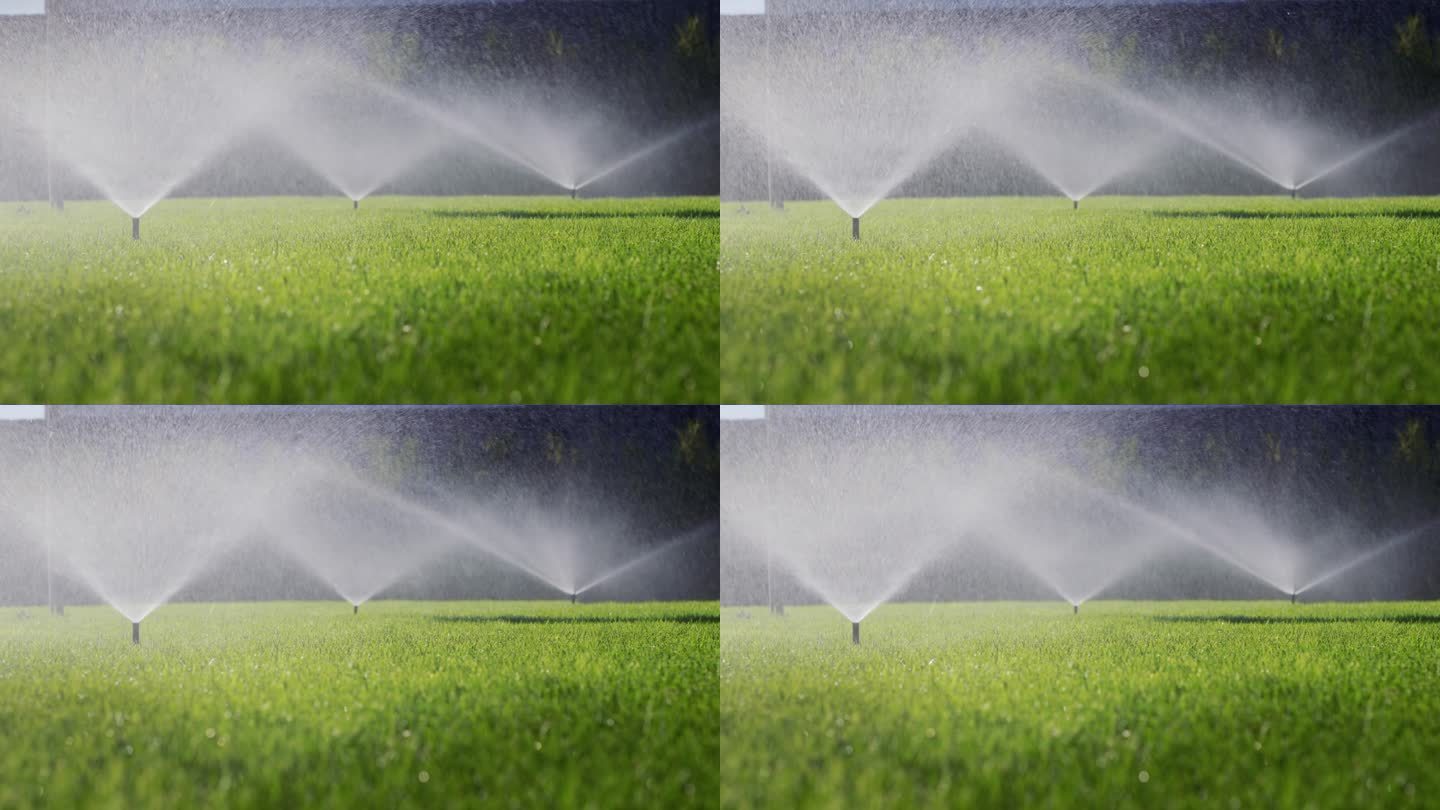 灌溉系统浇灌绿色草坪——水在压力下从喷嘴供应
