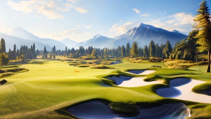 高尔夫球场河流与山脉三段拼接4k插画风格