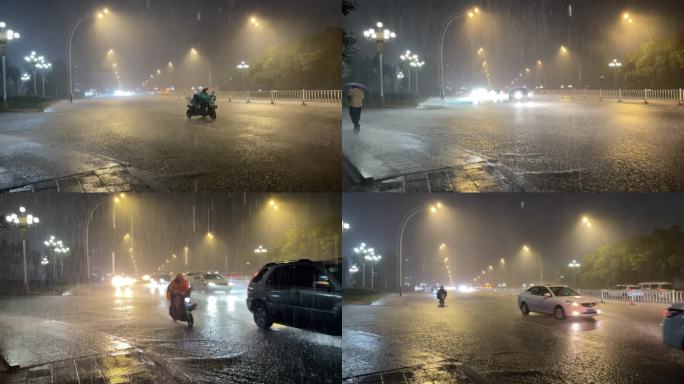 城市下暴雨，行人回家