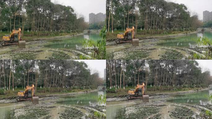 挖掘机清理江安河河道片段