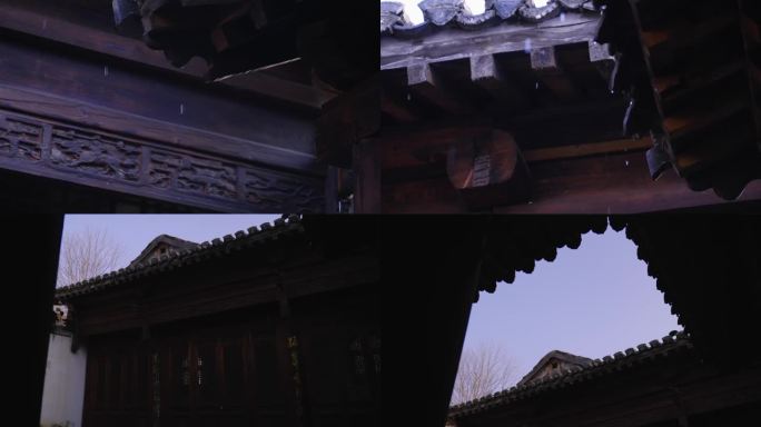 唯美雨中古代中式宅院屋顶屋檐天井滴水