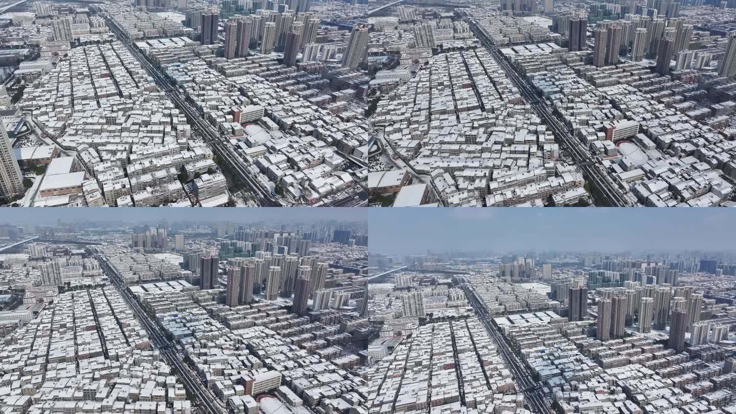 航拍襄阳樊城区城中村自建房城市雪景风光