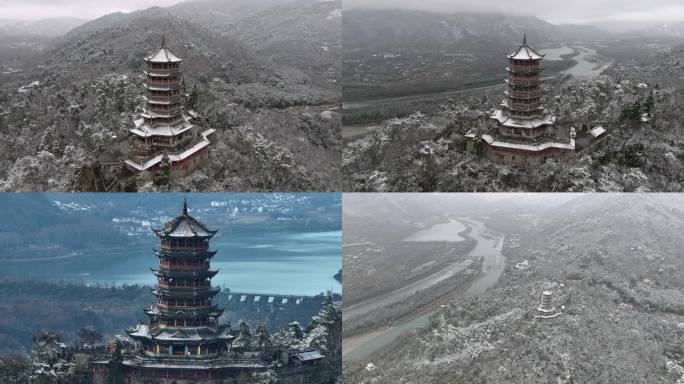 雪后的成都都江堰宝瓶口玉垒阁