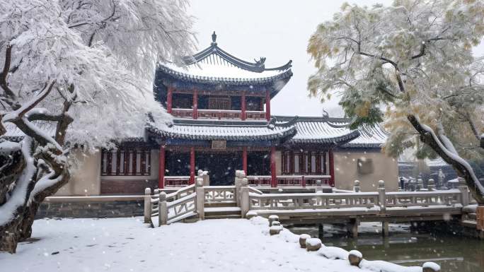 唯美冬季雪景雪花白雪皑皑 古建筑