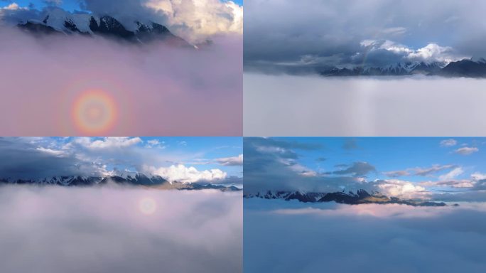 飞机视角看云海上的彩虹佛光日晕日落