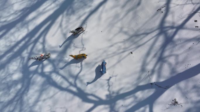 航拍雪地山林七色鹿雕塑树影自然风光