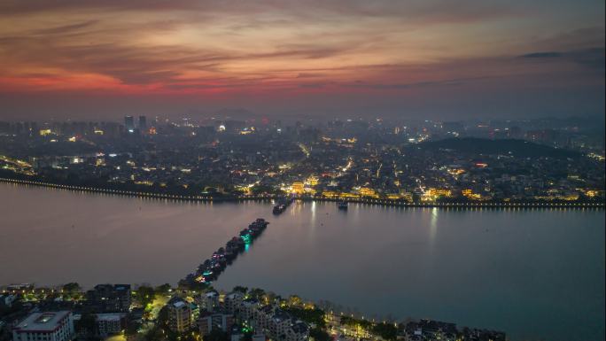 广东潮州古城广济桥高视角航拍晚霞夜景全景