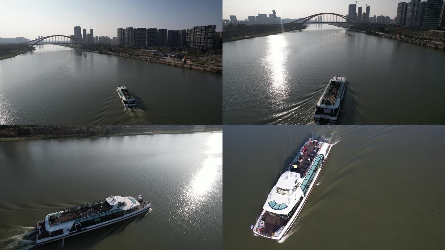 轮船行驶在东平河上 东平大桥地标 航拍