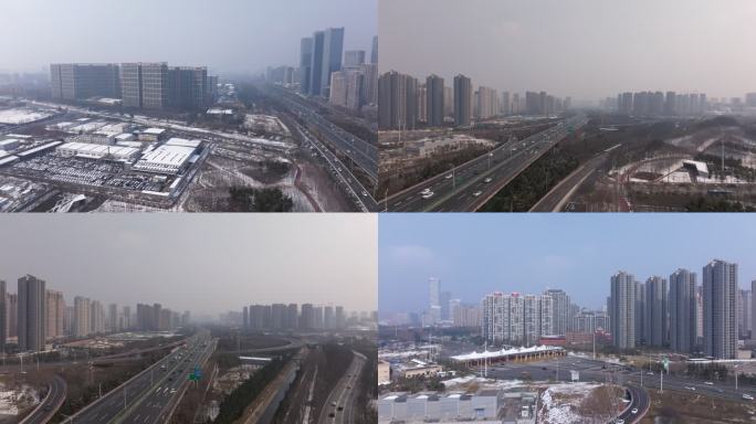 雪后陕西西安高新区绕城高速航拍延时2