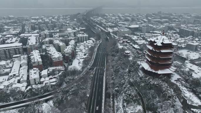 4K航拍9组不同景别视角的武汉黄鹤楼雪景