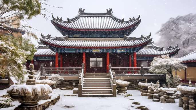 唯美冬季雪景雪花白雪皑皑 古建筑