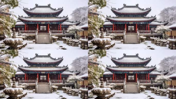 唯美冬季雪景雪花白雪皑皑 古建筑