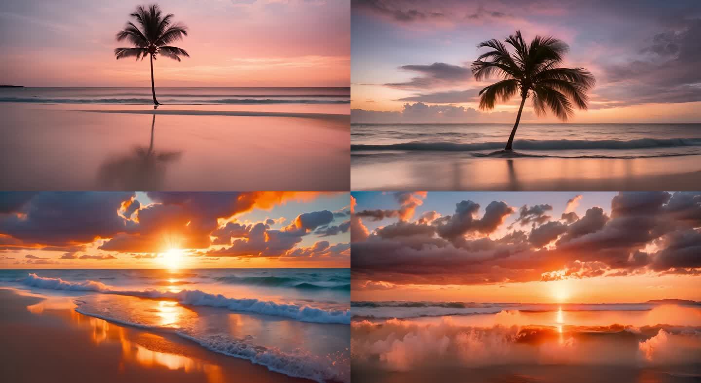 夕阳海滩椰树