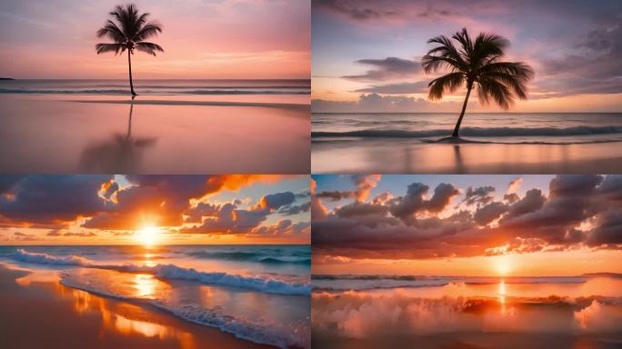 夕阳海滩椰树