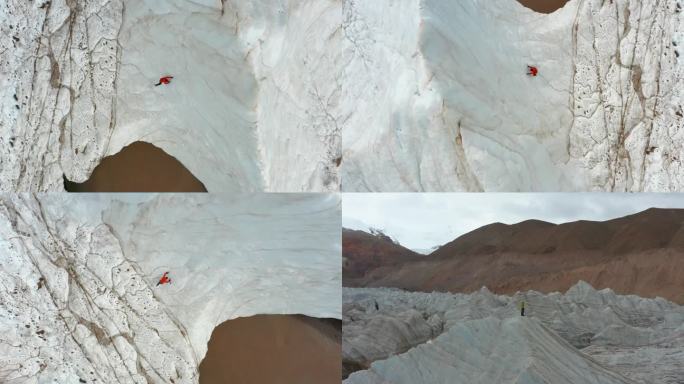 冰川上冒险向上攀爬和冰河中划皮划艇的人