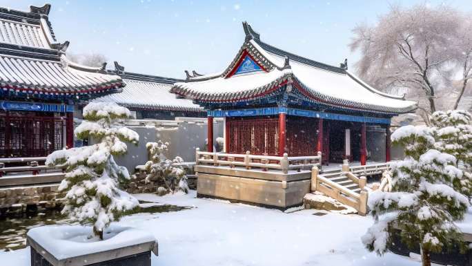 唯美冬季雪景雪花白雪皑皑 古建筑