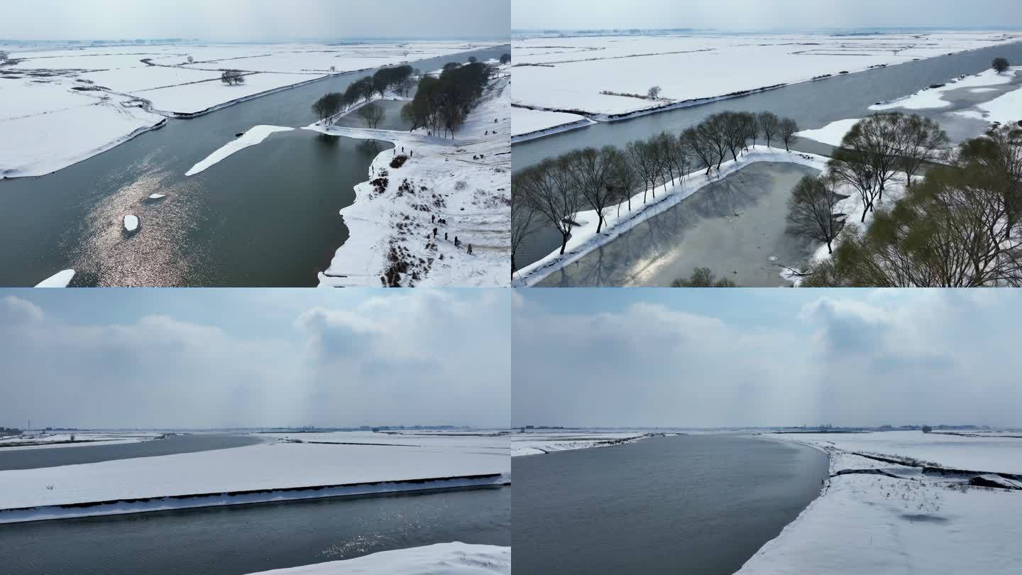 冬日淮河支流四里湖河流平原雪景风光4K