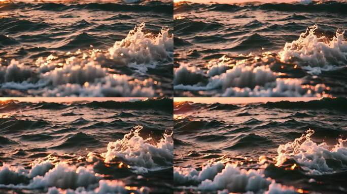 暖色阳光照耀在海面浪花上