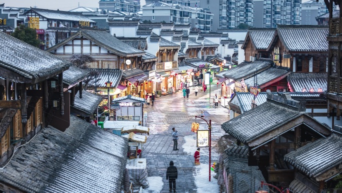 8k常德大小河街冬天人流日转夜延时雪下雪