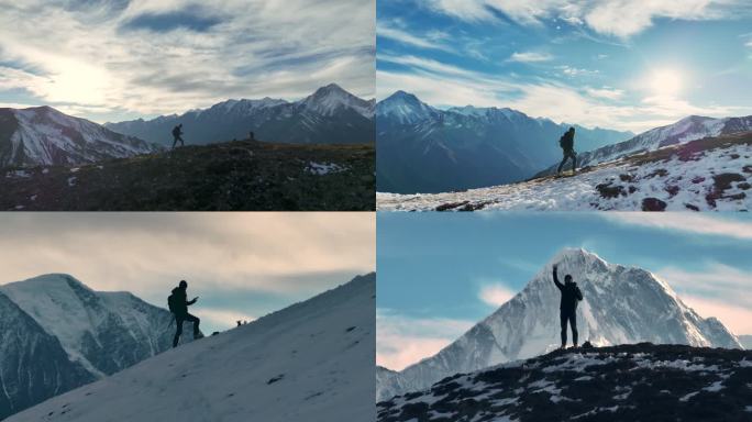 户外爱好者在川西子梅垭口爬山，登山