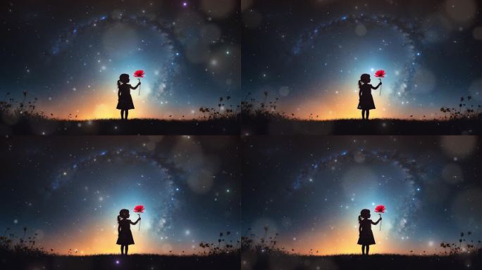 4K唯美梦幻一个小女孩拿着花抽象艺术背景