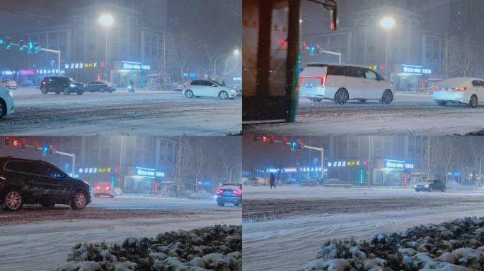 风雪之夜的城市十字路口