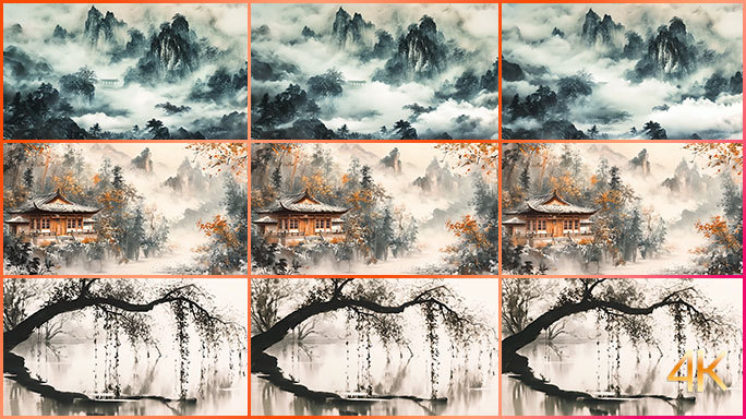 水墨风景 中国传统山水画作 古代国风动画