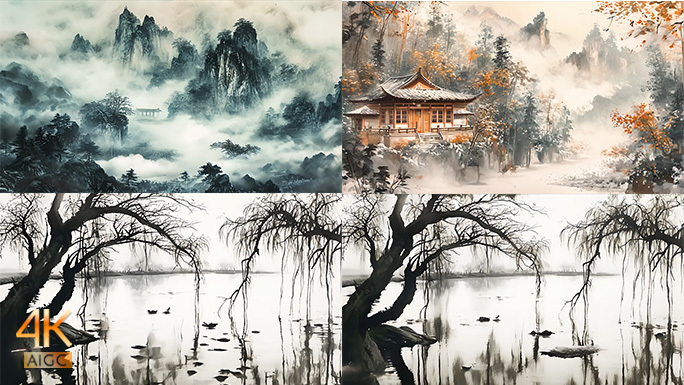 水墨风景 中国传统山水画作 古代国风动画