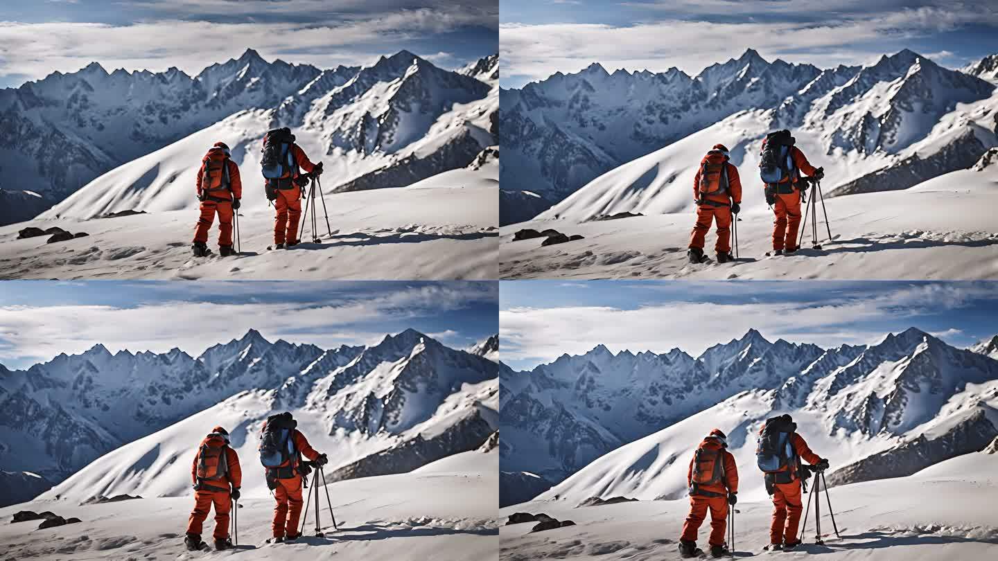 雪山上的两名身着防寒服的登山运动员背影