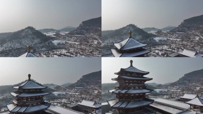 航拍襄阳博物馆新馆冬天雪景城市建筑风光