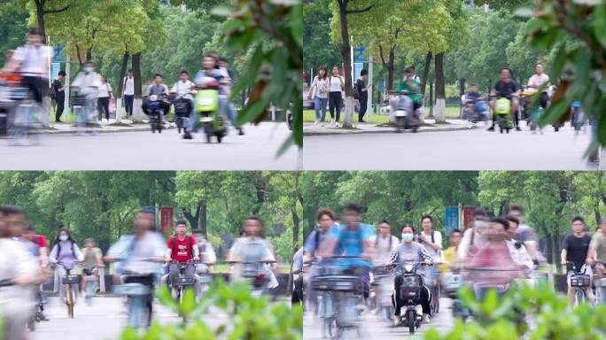 降格拍摄大学高校学生骑电动车上下学