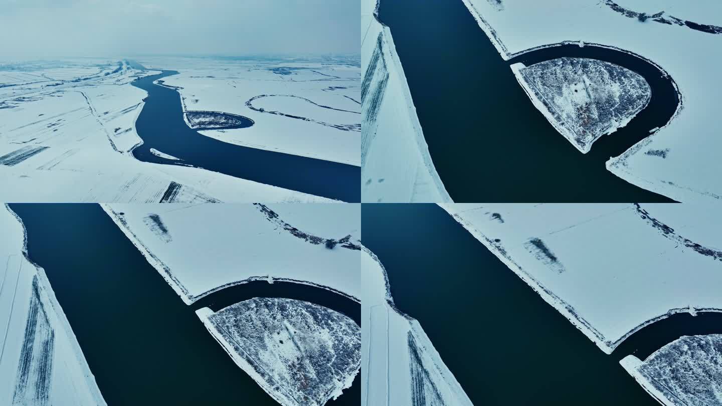 航拍冬天淮河支流四里湖雪景风光4K