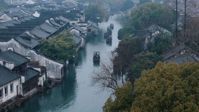 江南烟雨乌镇雨水航拍