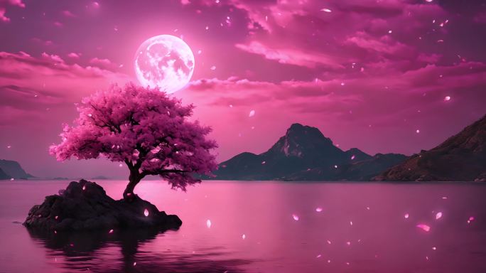 唯美月光 桃树花瓣飘落唯美夜晚背景