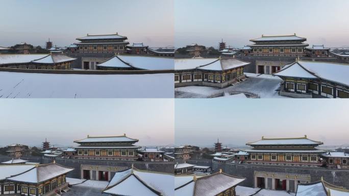 航拍襄阳唐城景区影视城雪景城市建筑风光