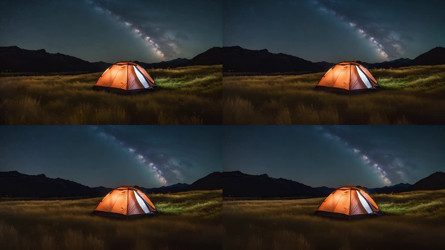 一顶帐篷在银河星空下的草坪上