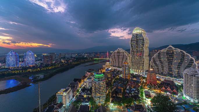 西双版纳傍晚夜景延时景洪日转夜