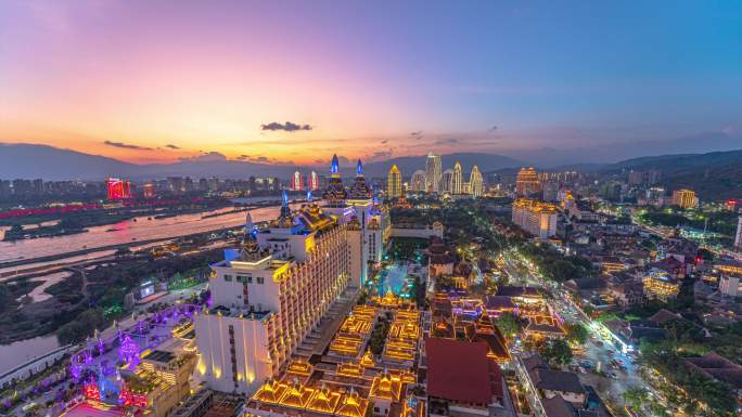 西双版纳傍晚夜景延时景洪告庄