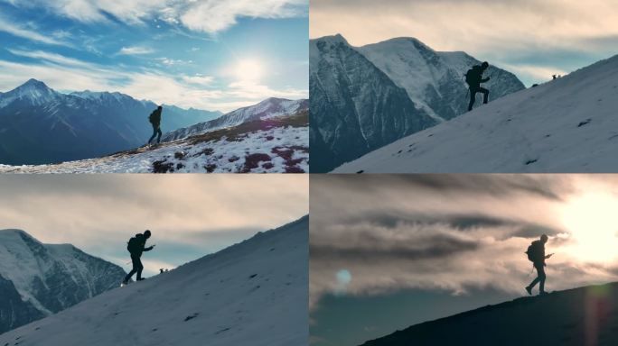 户外爱好者在爬山雪山登山升格，逆光人物