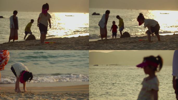 大海 沙滩 海边 挖沙 儿童 升格慢动作