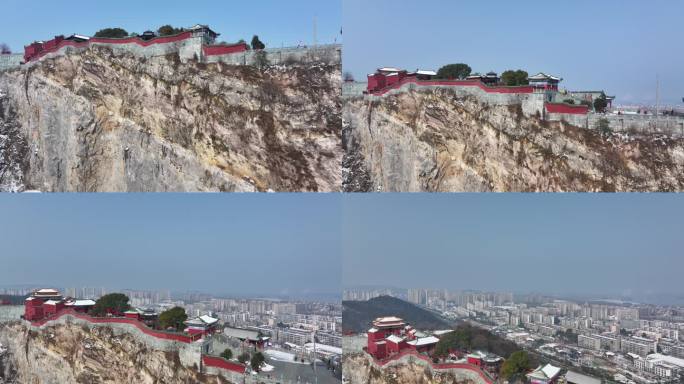 航拍襄阳真武山道观冬天雪景城市建筑风光