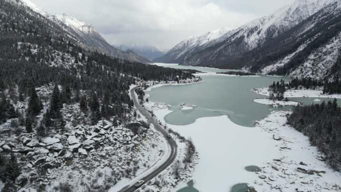 冬天森林里湖上的雪景